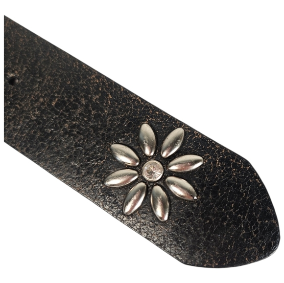 Nocona Distressed Black Leather Western Belt Floral Rhinestone Buckle L main image 4